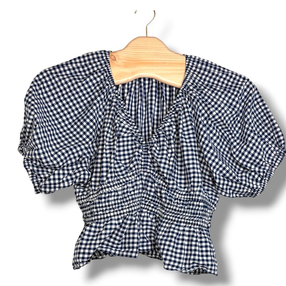 Old Navy Smocked Vee Top XL Navy Gingham‎ Puff Sleeve Cropped Peplum Cotton
